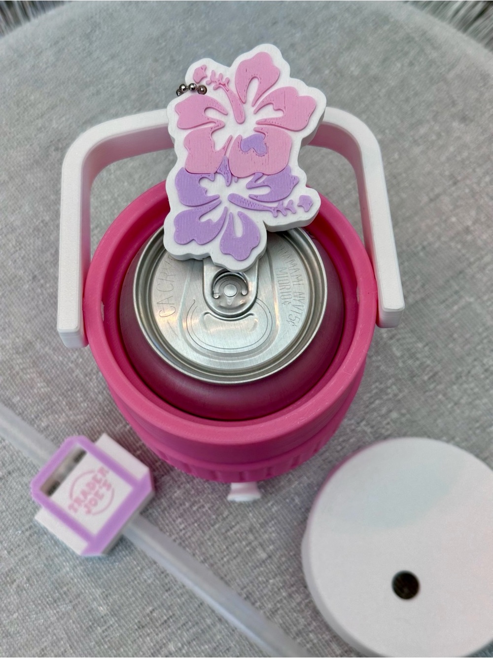 Trader Joe's themed Soda Can Cooler with Straw Topper and Hibiscus Tab Opener - Picture 3 of 3